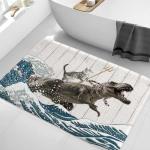 Funny Cat Bath Mat Set with Ocean Wave Design