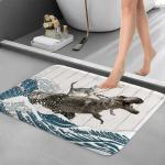 Funny Cat Bath Mat Set with Ocean Wave Design