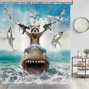 Funny Raccoon Riding Shark Shower Curtain for Kids