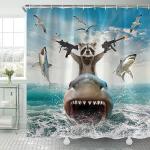 Funny Raccoon Riding Shark Shower Curtain for Kids