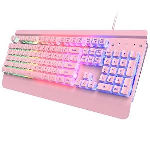 Pink Rainbow LED Silent Gaming Keyboard with Wrist Rest