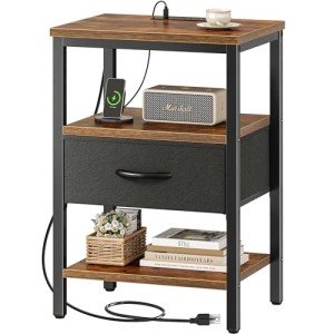 Rustic Brown Nightstand with Charging Station and Drawer