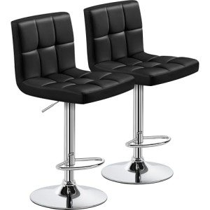 Adjustable Black PU Leather Bar Stools - Set of 2