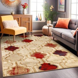 Large Beige Indoor Area Rug - Modern Geometric