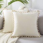 Cream Velvet Throw Pillow Covers with Pom-Poms - 2 Pack