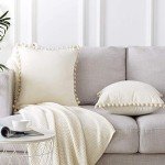 Cream Velvet Throw Pillow Covers with Pom-Poms - 2 Pack