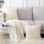 Cream Velvet Throw Pillow Covers with Pom-Poms - 2 Pack