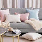 Cream Velvet Throw Pillow Covers with Pom-Poms - 2 Pack