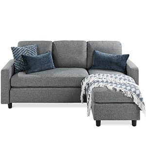 Gray Upholstered L-Shaped Sectional Sofa with Ottoman