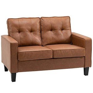 Brown Tufted PU Leather Loveseat Sofa