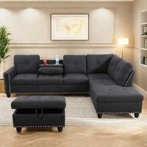Gray L-Shaped Modular Sectional Sofa with Ottoman