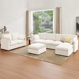 Beige U-Shaped Sectional Sofa with Ottoman