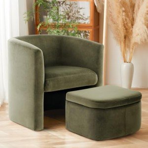 Green Velvet Barrel Accent Chair with Storage Ottoman