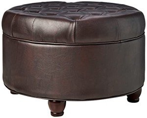 Button Tufted Faux Leather Round Storage Ottoman