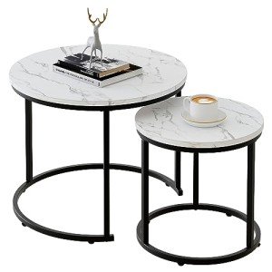 Set of 2 Round Nesting Coffee Tables - White Marble