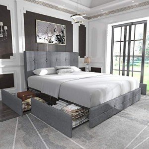 Light Grey Queen Upholstered Platform Bed with Storage