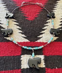 Black Agate Horse Necklace with Sterling Clasp