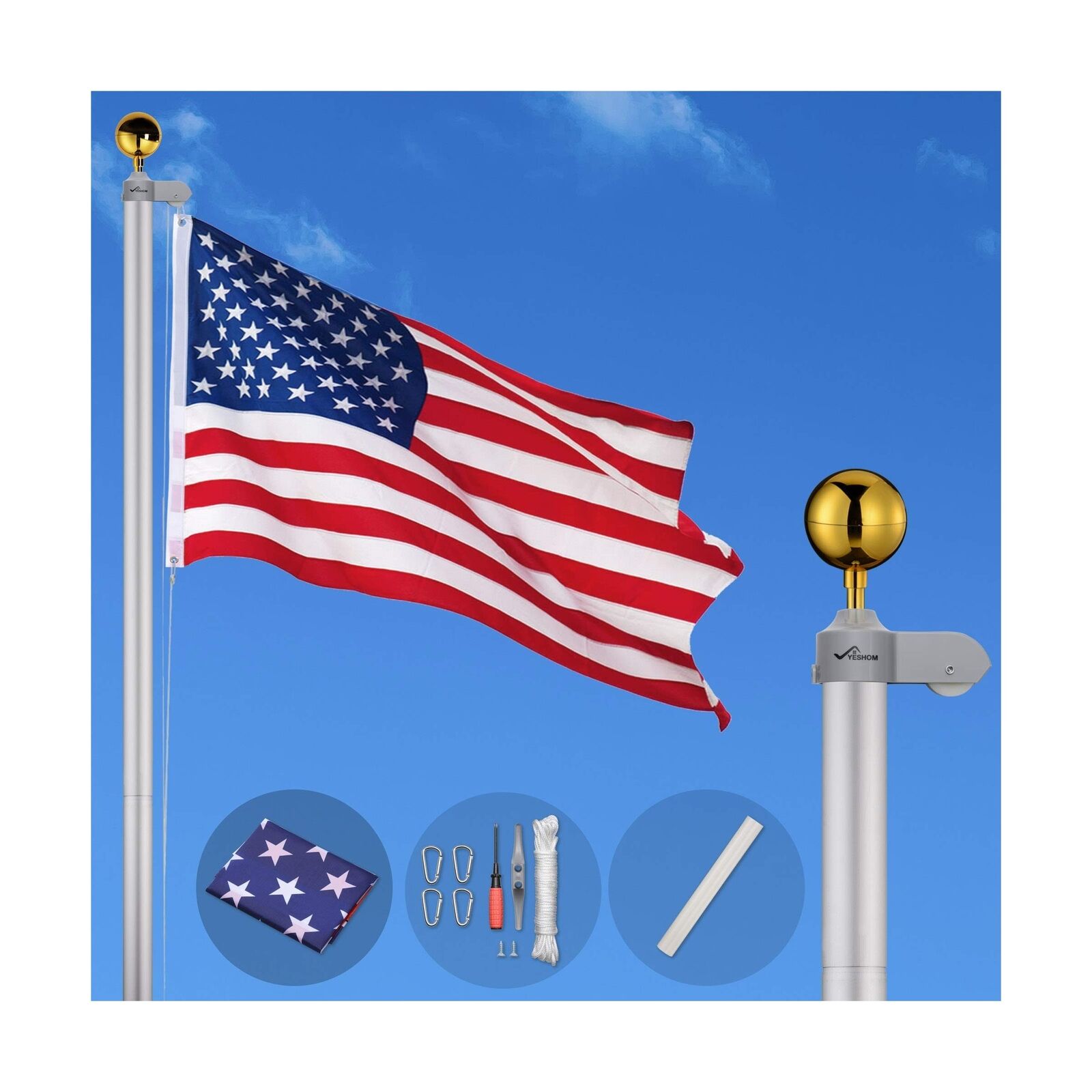 20ft Aluminum US Flagpole Kit with Flag