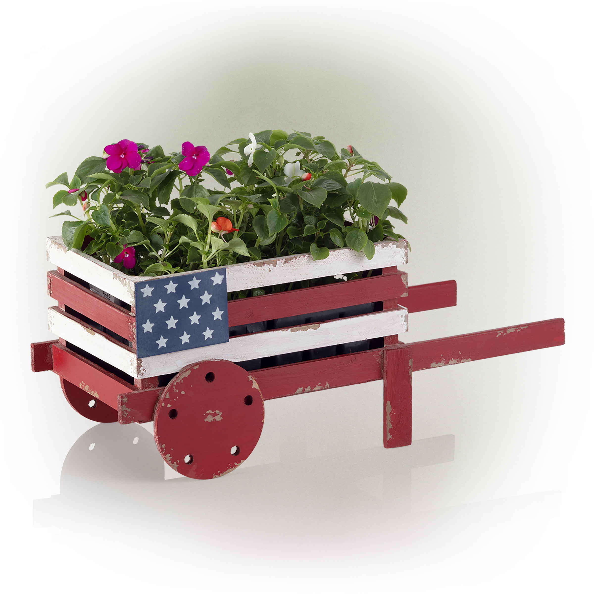 9" Rustic Wooden American Flag Wheelbarrow Planter