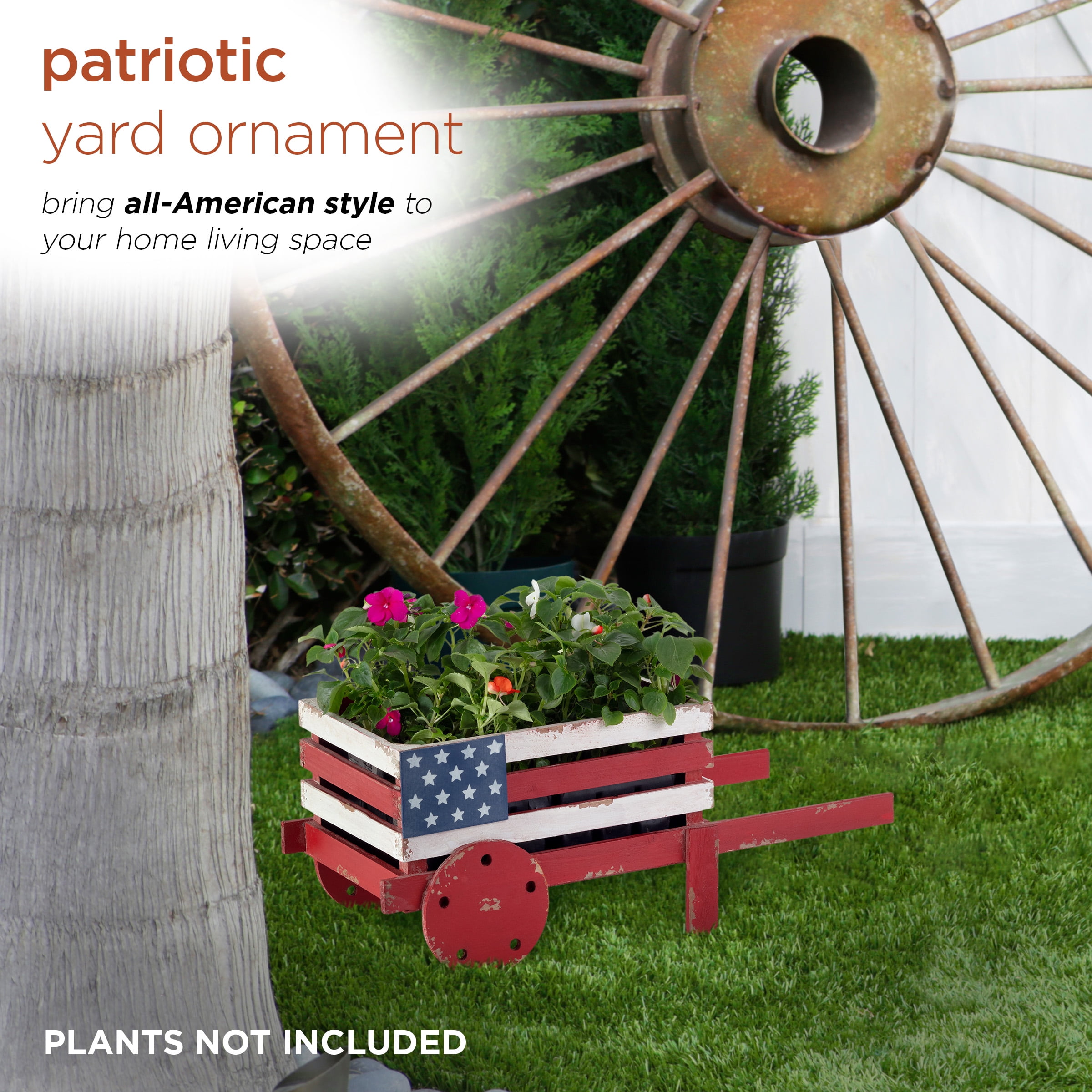 9" Rustic Wooden American Flag Wheelbarrow Planter