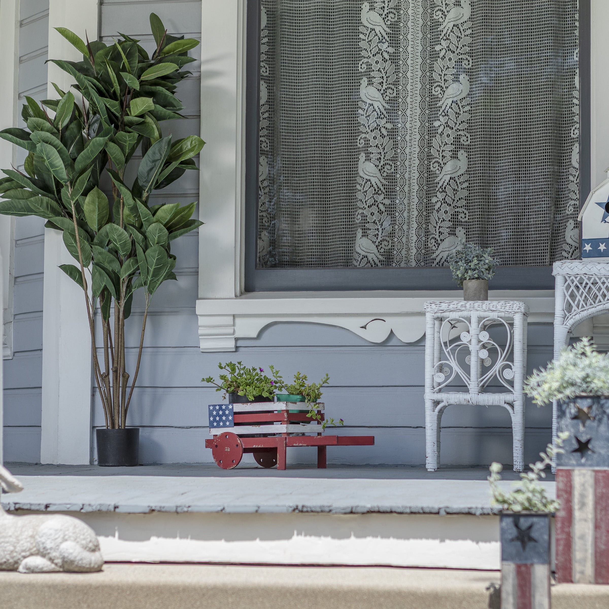 9" Rustic Wooden American Flag Wheelbarrow Planter