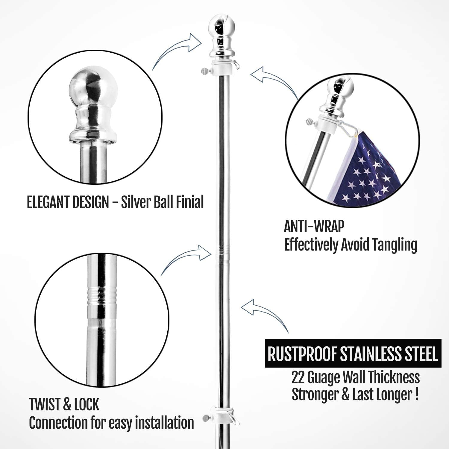 Adjustable Rustproof 6ft Flag Pole Set