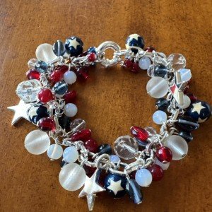 Patriotic Silver Charm Bracelet with Red, White, Blue Beads