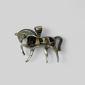 Navajo Inlay Gemstone Horse Pendant in Silver