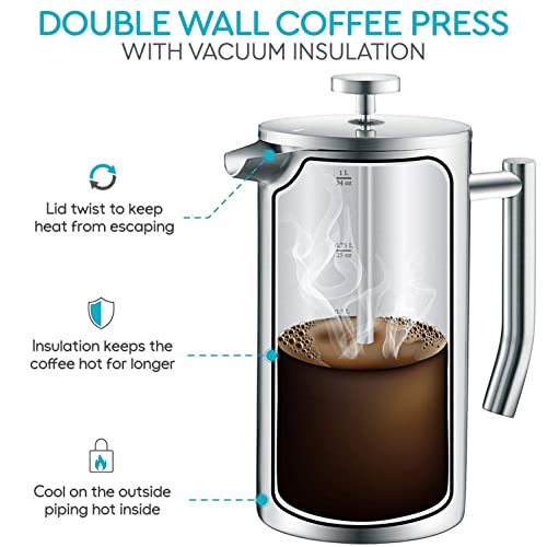 Large Stainless Steel French Press Coffee Maker - 1.5L