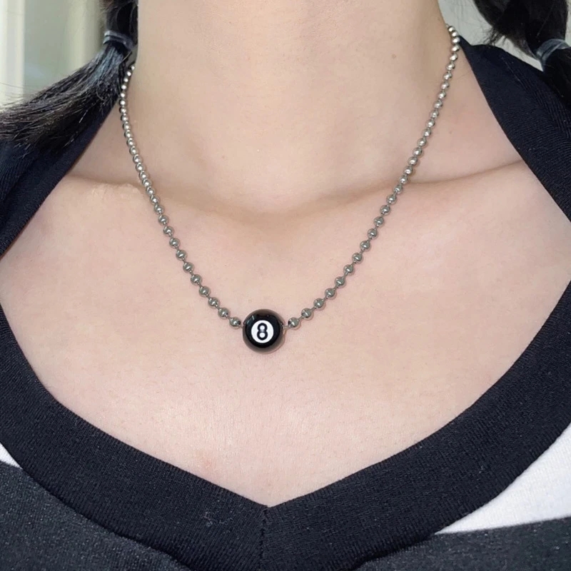Vintage Black Billiard Ball Pendant Necklace