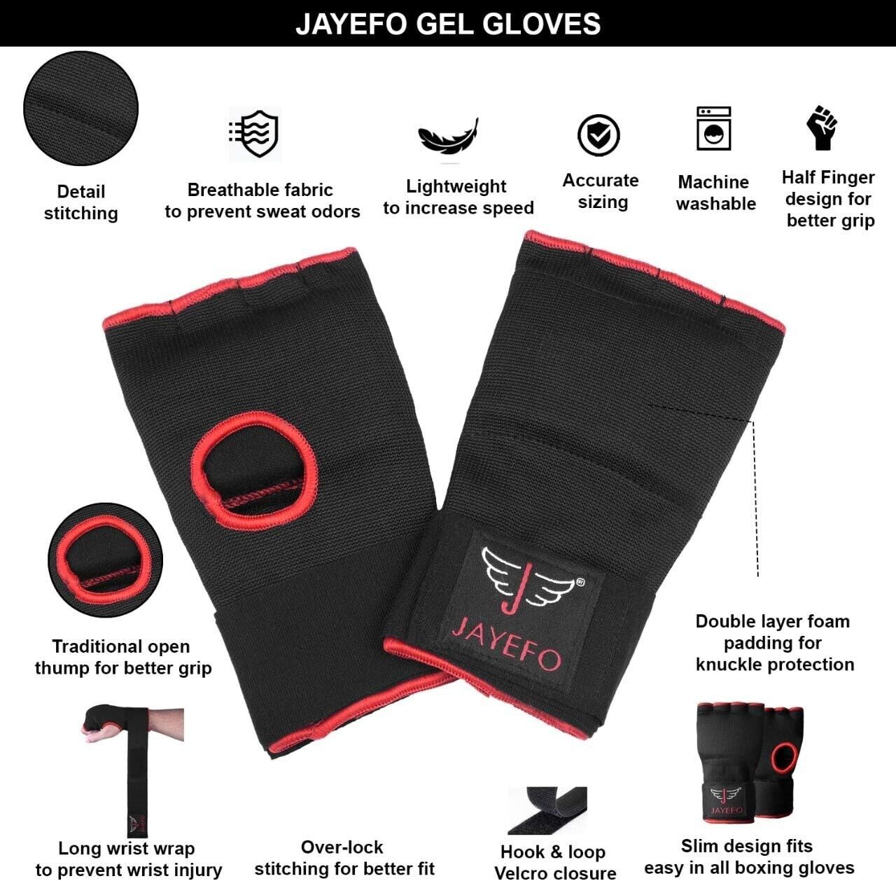 Jayefo Boxing Inner Gloves - Elastic Hand Wraps with Gel