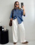 Trendy Women's Blue Denim Button Down Shirt