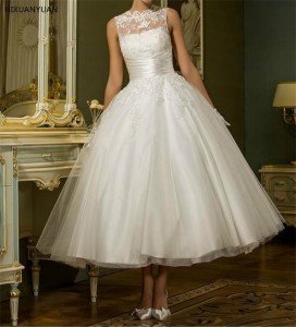 Personalized Vintage White Sleeveless Tea Length Wedding Dress