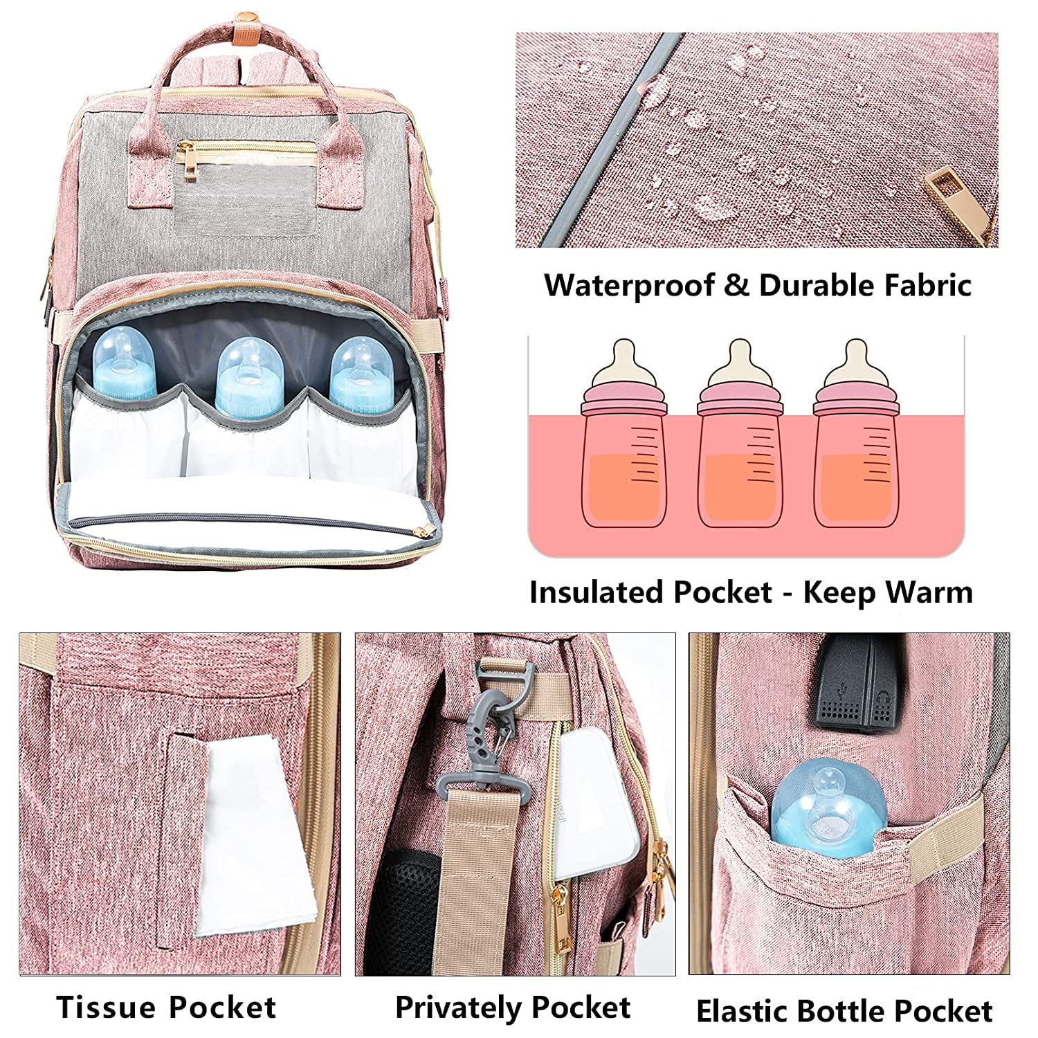 Pink WiseWater Diaper Backpack with Changing Station & USB Charging