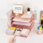 gianotter Desk Organizers and Accessories with File Holder, 4-Tier Desk Accessories & Workspace Organizers with Drawer and 2 Pen Holder, Paper Organizer for Office Supplies (Rose Gold)