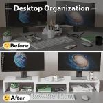 BONTEC Dual Monitor Stand Riser with Smartphone Holder, Adjustable Length & Swivel Angle, Ergonomic Wooden Desktop Organizer for PC Monitor, Laptop, Printer, Large Storage, White