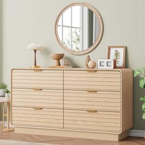 IRONCK Fluted 6 Drawer Dresser for Bedroom,54" Wide Modern Dresser Drawers with Storage, Wooden Dressers with Metal Handle for Bedroom, Hallway, Natural Oak