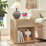 LEYAOYAO Rattan Nightstands Set of 2 with Charging Station, 23" Wide Boho Night Stand with Drawer, Natural Wood Bedside Table Open Cabinet, Bed Side End Table Dresser for Bedroom, Living Room, Hallway