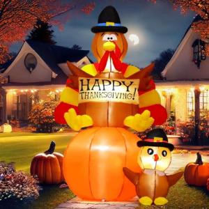 Thanksgiving Inflatable Turkey with Pumpkin Yard Decor