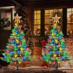 Set of 2 Solar-Powered Prelit Christmas Trees