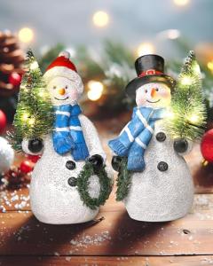 Light-Up Snowman Figurines with Christmas Tree Decor