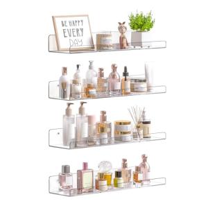 upsimples 4 Pack Acrylic Shelves for Wall Storage, 15" Floating Bookshelves for Kids, Display Shelf Organizer for Bathroom, Bedroom, Living Room, Kitchen, Room Decor, Clear