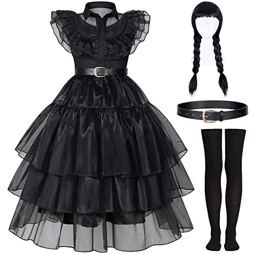 Girl's Black Costume with Wig, Socks & Belts - 6-7 Years