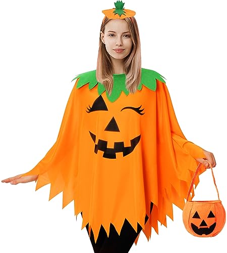 Halloween Pumpkin Poncho Set: Cape, Headband, Candy Bag