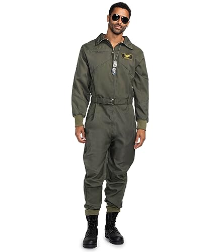 Tipsy Elves' Men's Pilot Costume - Green Military Flight Halloween Jumpsuit Size Medium