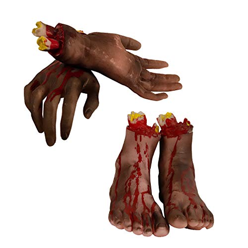 MOLEZU Halloween Realistic Severed Body Part Prop Accessory, Feet and Hands,Black 4 Pieces