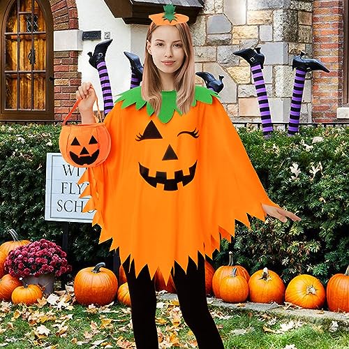 Halloween Pumpkin Poncho Set: Cape, Headband, Candy Bag