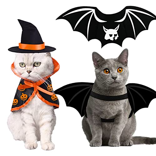 Cat Costumes Outfit Cat Bat Wings Wizard Witch Hat Cape 3 PCS Halloween Pet Costume for Cat Small Dog Kitten Puppy Outfits Clothes for Halloween Night Pumpkin Party Cosplay
