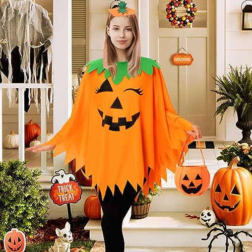 Halloween Pumpkin Poncho Set: Cape, Headband, Candy Bag