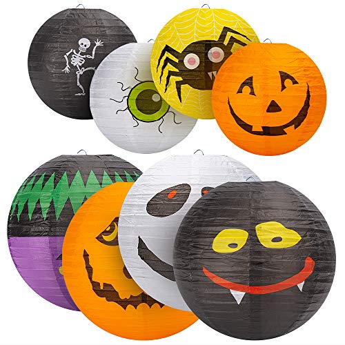 Halloween Decorations Paper Lanterns（8PCS)，Hanging Lantern Spider Skeleton Pumpkin for Halloween Indoor & Outdoor Spooky Home Décor，Halloween Party Supplies Décor